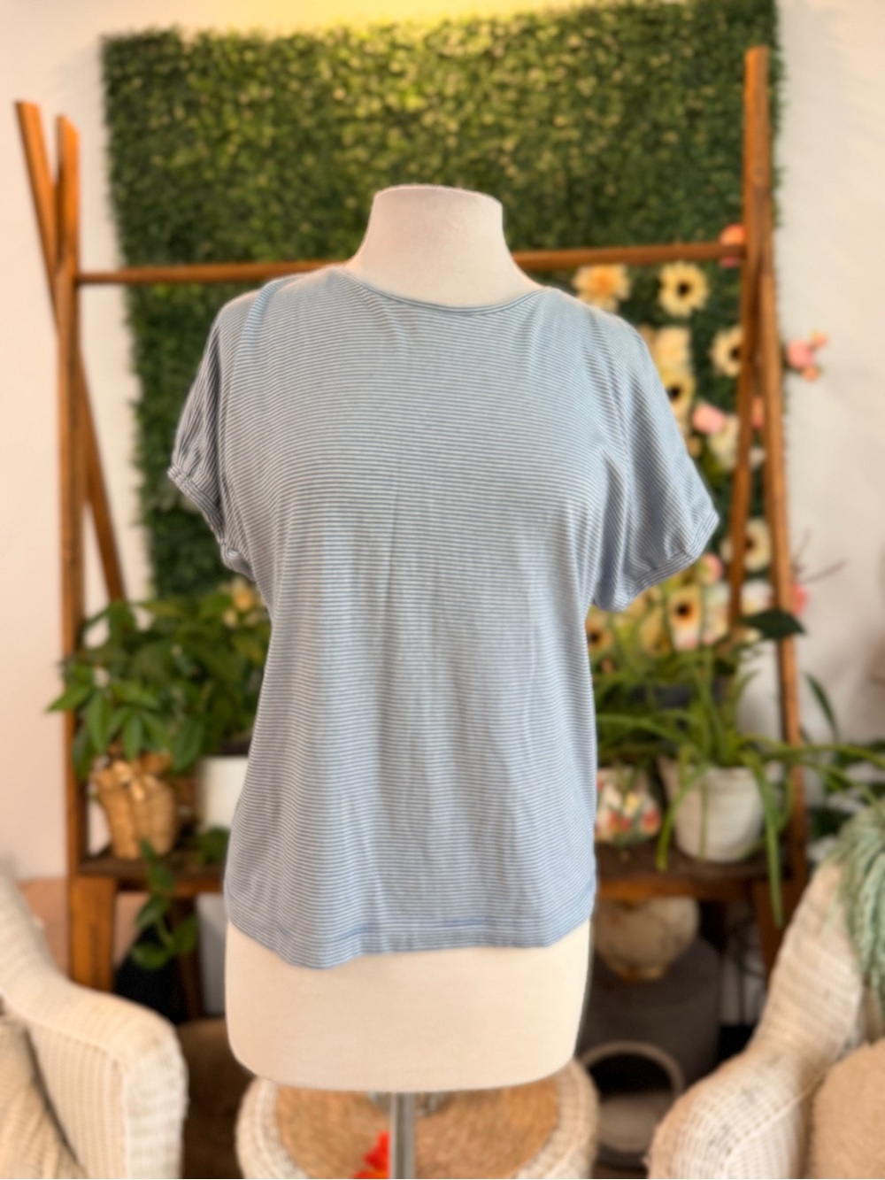 LOFT Light Blue & White Mini-Striped Short Sleeve Tee